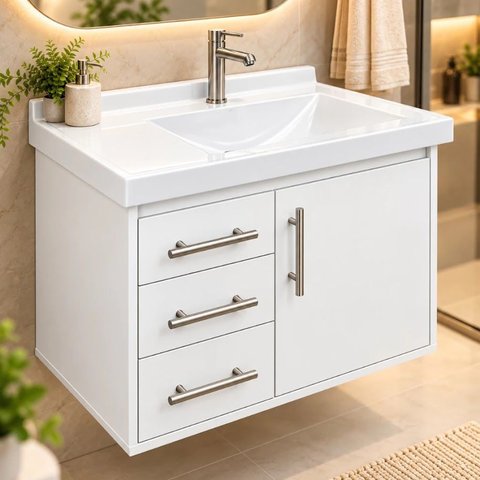 Gabinete p/ Banheiro Londres 66cm c/ Gavetas e Porta Armário Branco