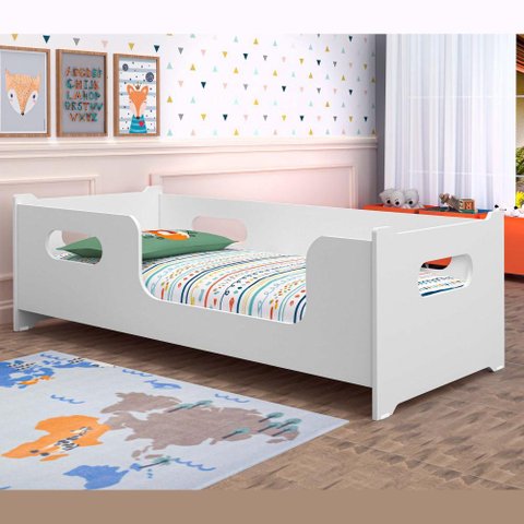 Cama Infantil Solteiro Montessoriana Infantil Com Proteção Lateral MDF Quarto Multiuso Branco