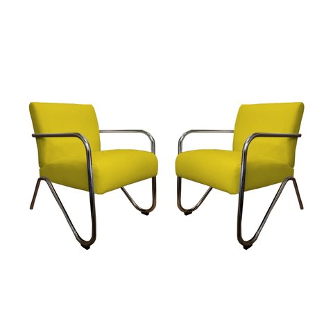 Kit 2 Poltronas Decorativa Bela Couro Amarelo Braço Cromado Mz Decor