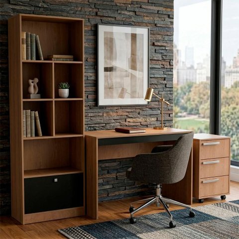 Mesa Escrivaninha com Gaveteiro e Estante para Escritorio B31 Mel Preto Novam