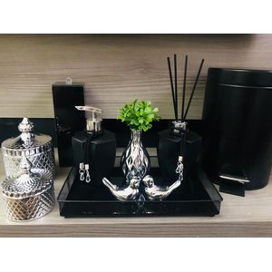 Kit Lavabo Preto Prata Lixeira Porta Escovas Potes Aroma Sabonete