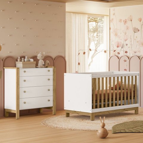 Quarto de Bebê com Berço Mini Cama Slim e Cômoda Flora Branco Freijó Qmovi