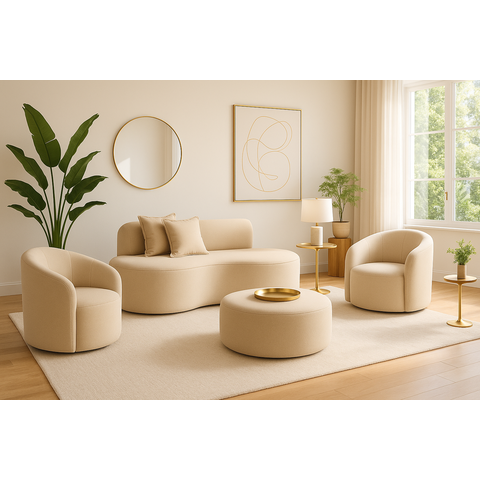 Conjunto 02 Poltronas + Sofá e Puff Curvo Orgânico Nature Gaia Boucle Bege - Montanaris Decor