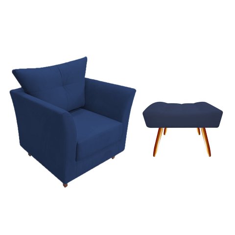 Kit Poltrona Decorativa Isis + Puff Retangular Suede Azul Marinho Pés Madeira Mz Decor