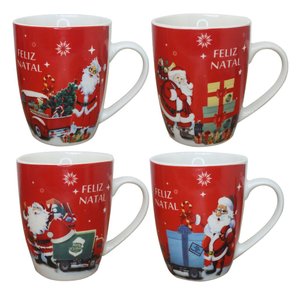Kit 4 Canecas de Natal Papai Noel Feliz Natal em Cerâmica 350ml