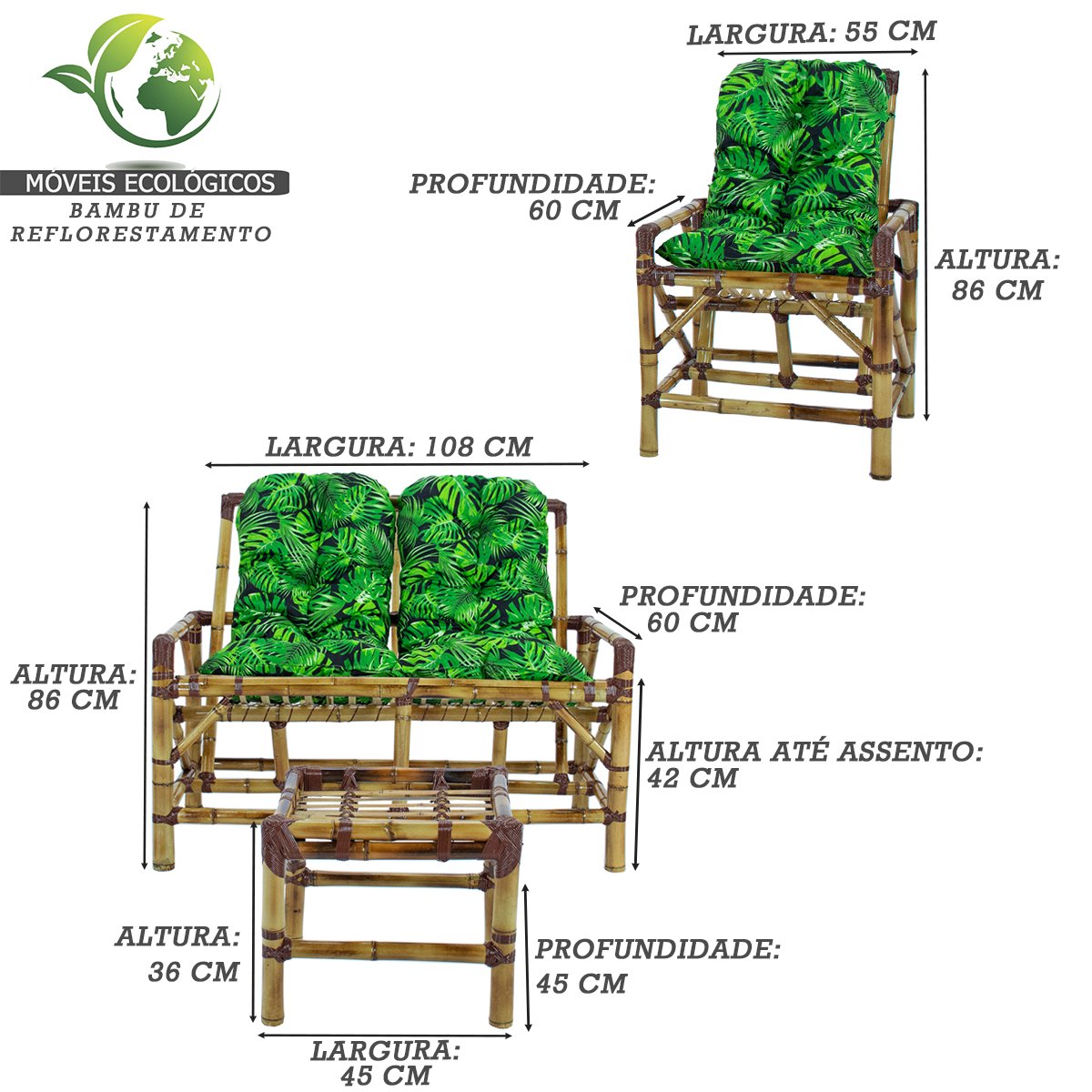 Conjunto Bambu 1 Namoradeira, 2 Cadeiras + 1 Mesa de Centro com Almofadas T9 - 3