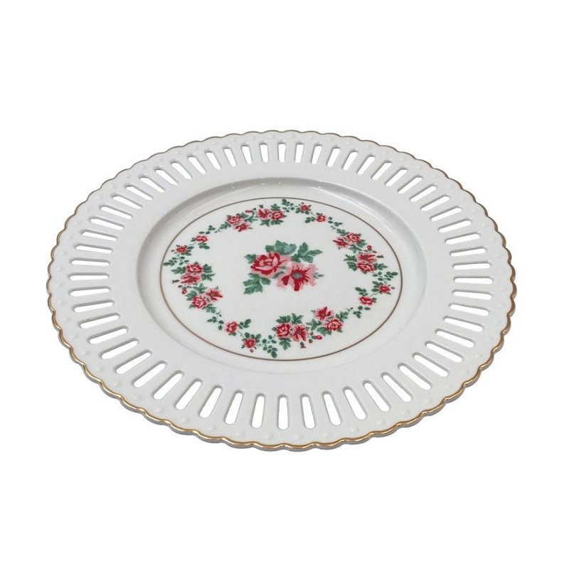 Prato Raso para Bolo em New Bone China D21cm Cor Branca com Borda Dourada