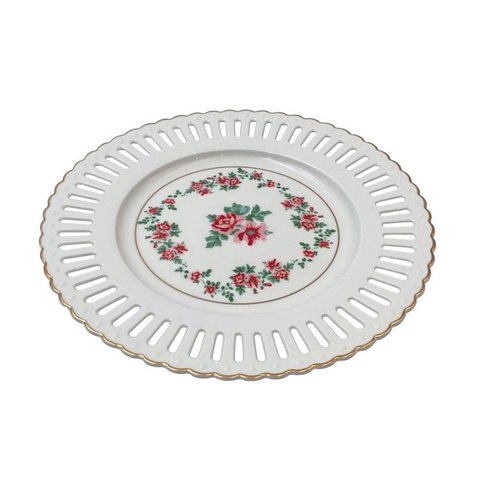 Prato Raso para Bolo em New Bone China D21cm Cor Branca com Borda Dourada