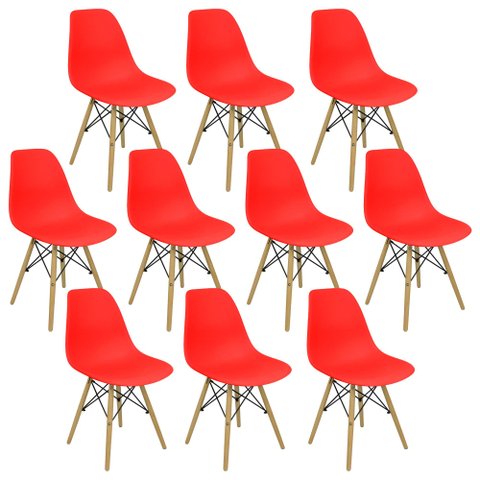 Kit 10 Cadeiras Charles Eames Eiffel Dsw - Base de Madeira Clara - Vermelho Multicolorido