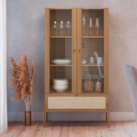 Cristaleira 2 Portas 83cm Palhinha Pé Metal Hanover/dourado