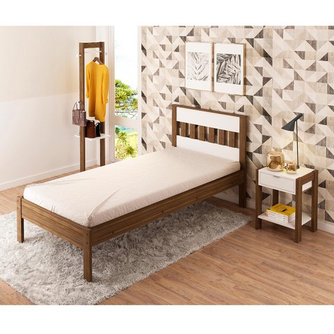 Cama Solteiro com Detalhe na Cabeceira Suporta até 130 Kg: Nogal com Branco