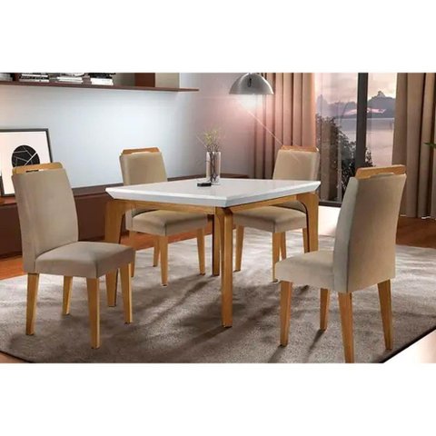 Kit Mesa Londrina Tampo Vidro 120cm + 4 Cadeiras Imbuia Linho Turim