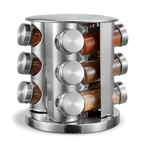 Conjunto Porta Temperos com Suporte Inox e 12 Potes de Vidro