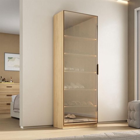 Sapateira Vertical Porta Reflecta 0,66m x 1,87m com Iluminação em LED 100% MDF Cor:Olmo