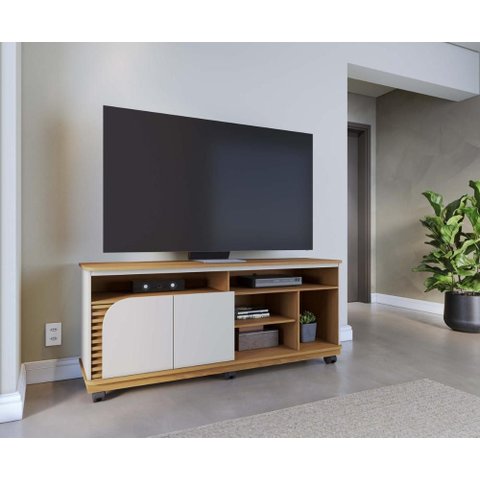Rack para TV até 65 Polegadas com 2 Portas e Rodízios Multimóveis Crcol-RCK039 Freijó/Off White