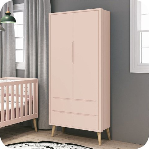 Guarda Roupa Infantil 2 Portas e 2 Gavetas Retrô Rosa Theo Madeira Natural
