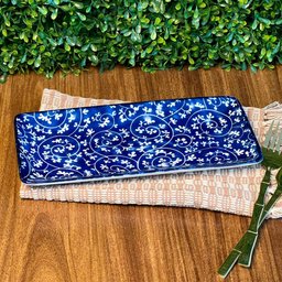 Travessa Retangular em Cerâmica Ramos Azul e Branco 25cm - 5