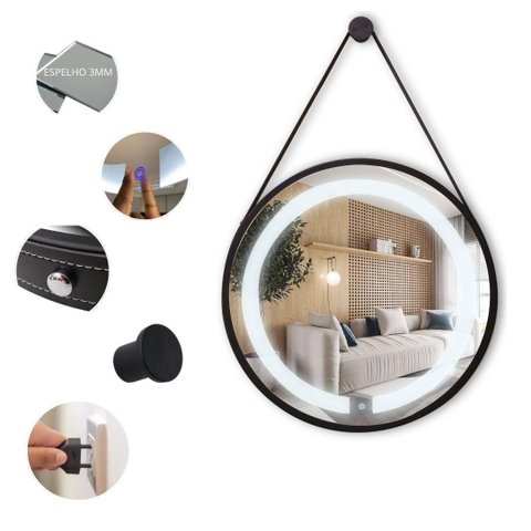 Espelho Redondo Adnet Iluminado 60cm Led 3000k Preto Alça Preta