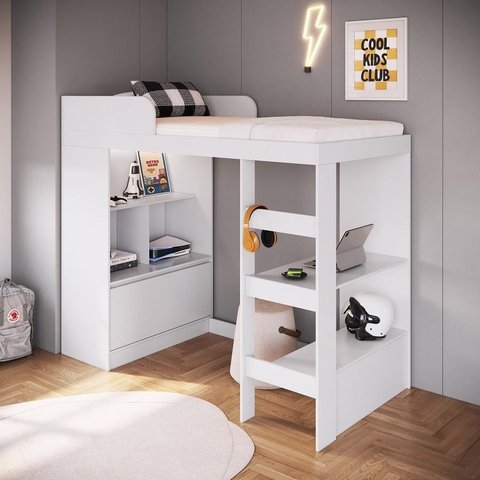 Cama Solteiro 193,5cm Balcão com Porta Estante e Prateleiras Cor:branco