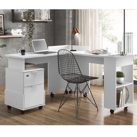 Mesa de Computador em L Office Alessa 1 e 2 Lukaliam Móveis Branco Branco