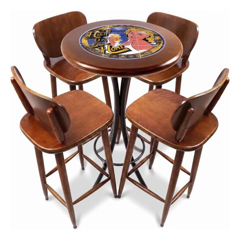 Conjunto Mesa Bistrô Alta Redonda 60cm + 4 Banquetas Bar Varanda - Go Hard Or Go Home - Natural