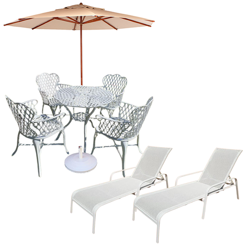 Kit Mesa para Jardim e Piscina 4 Cadeiras Viena, Ombrelone e 2 Espreguiçadeiras