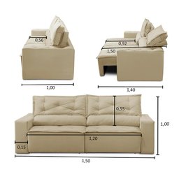 Sofá Retrátil e Reclinável 2 lugares com Molas 1,50m Livia Suede Bege Adonai Estofados - 3
