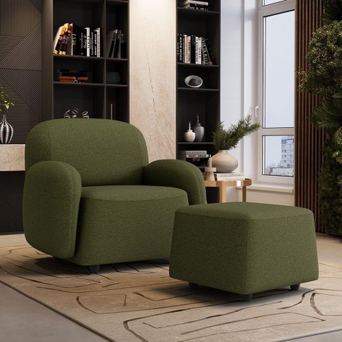 Poltrona Decorativa Orgânica Morelo com Puff para Sala Living M05 Linho Verde - Lyam Decor
