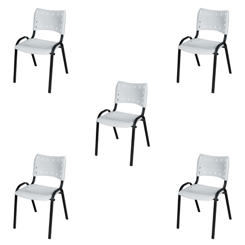 Kit 5 Cadeira Iso Tubo Oblongo Aço Industrial Empilhavel - Branco