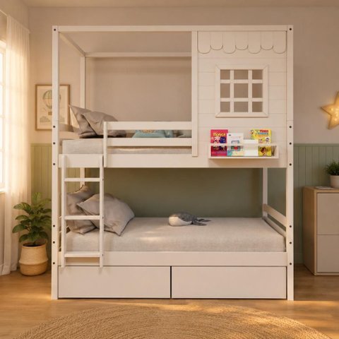 Beliche Infantil Casinha Reta com 02 Gavetas Madeira Maciça Branco Megamobilia
