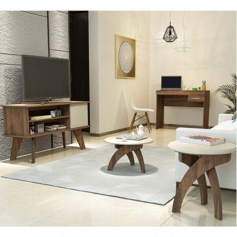 Sala de Estar Rack Frank, Mesa de Centro Jade, Mesa de Apoio Jade e Mesa para Notebook Cooler Marrom