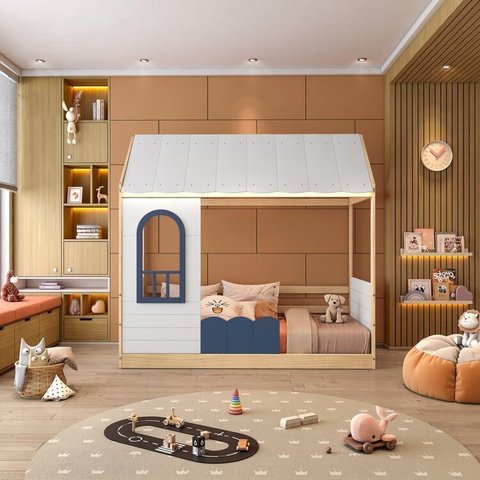 Cama Montessoriana Casinha com LED e Janela New Garden Casatema MadeiraOriginals Branco/Banco/Azul