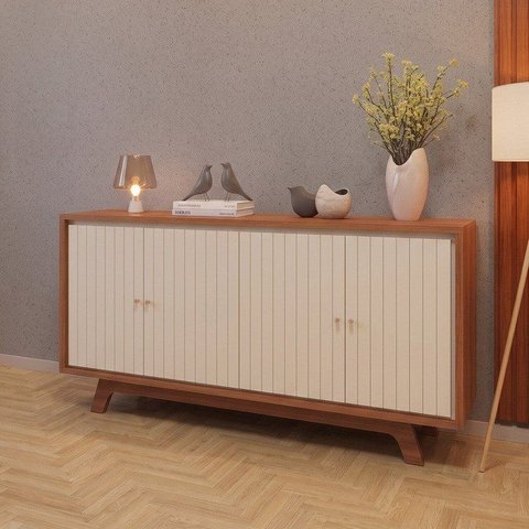 Buffet Aparador 4 Portas Frisado 100% MDF Soleil Freijó/Off White DJ Móveis