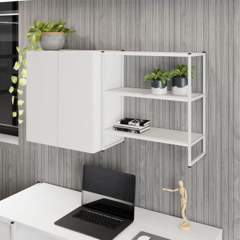 Armário Aéreo 60cm 2 Portas e Nicho 3 Prateleiras F5 Office Cor:branco