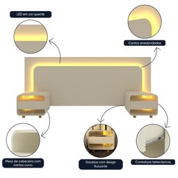 Cabeceira com Led e Mesa de Cabeceira 140/160/195 Innova Off White - Gelius - 2
