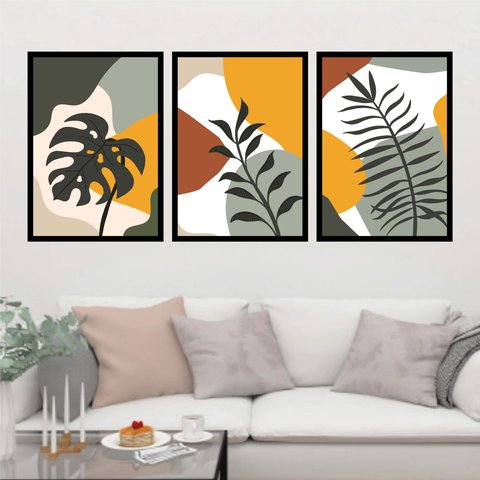 Kit 3 Quadros Abstrato Folhas 45x34cm - com vidro:Madeira preta