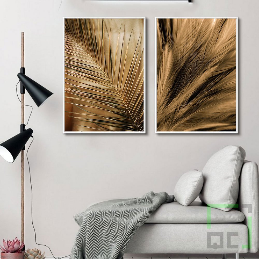 Quadros Decorativos Parede Tela Canvas Folhas Dourado Luxo:Branca - 2
