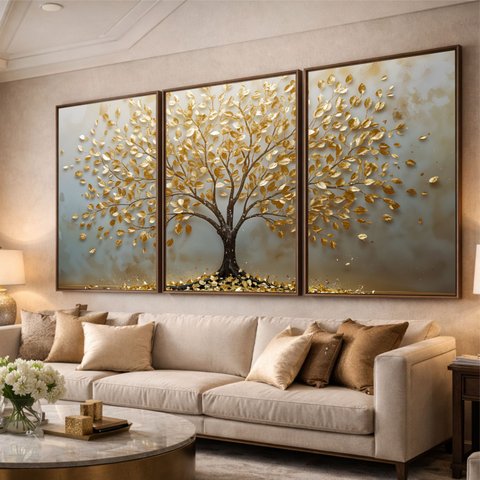 Quadro Abstrato Árvore da Vida Essência Dourada Prosperidade