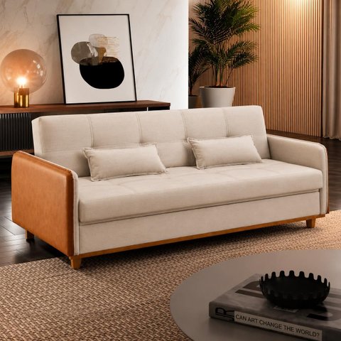 Sofa Cama com Bau 3 em 1 D26 205x92 Ipanema Bege Luxury