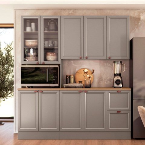 Cozinha Modulada Compacta Americana 3 Peças Paneleiro Duplo com Balcão Tampo Unna Griss
