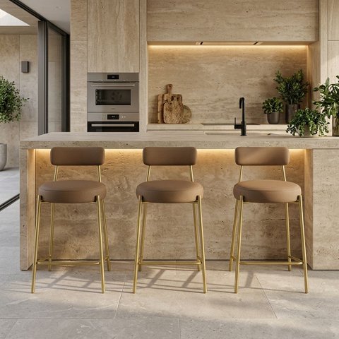Banqueta Cozinha Média com Encosto Kit 3 Industrial Dourado Londres New Couro Flex D03 - D'Rossi
