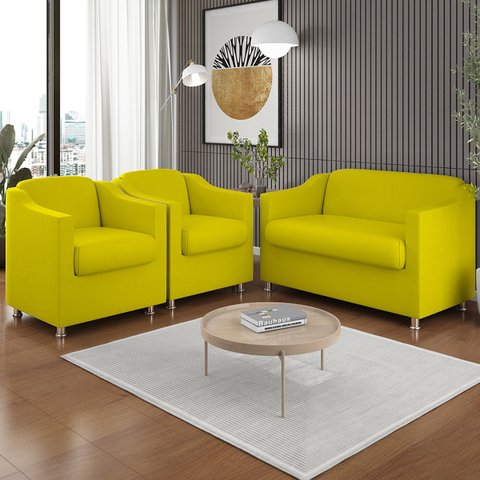 Kit 2 Poltronas Decorativas Tilla + Namoradeira Sala de Estar Cor:amarelo