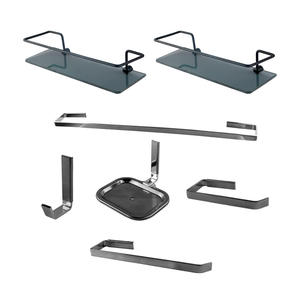 Kit Acessórios para Banheiro Quadrado Aço Inox 5 Peças + 2 Porta Shampoo Vidro Retangular Fumê 1994