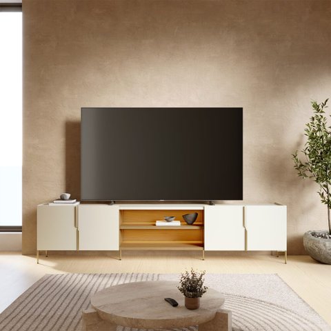 Rack TV Bancada 243cm 4 Portas Pé Metálicos com LED Jasmine C04 - D'Rossi