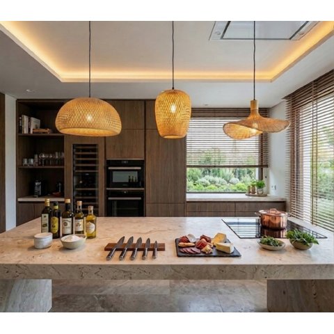 Kit 3 Pendentes Bambu Natural Composição C LED Luz Quente