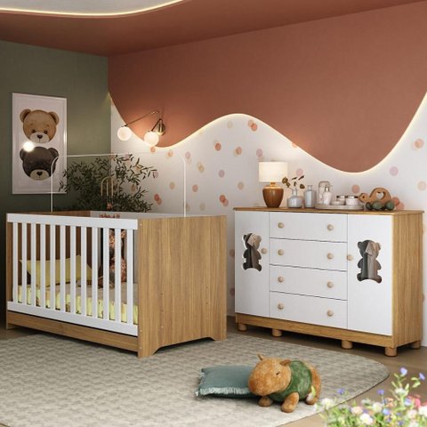 Berço Americano 3 em 1 com Cômoda 2 Portas 4 Gavetas Fofura Multimóveis Mp4728 Madeirado/branco