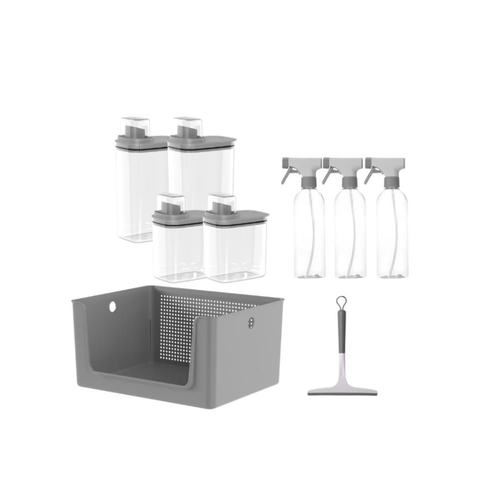 Kit 9 Organizador Lavanderia Dispenser, Borrifador, Rodo e Cesto 16L