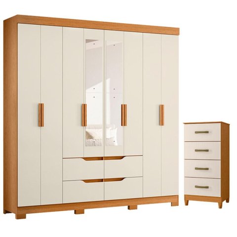 Guarda Roupa Casal Doble 08 Portas com Espelho e Cômoda Mobi Cinamomo Off White - Móveis Albatroz