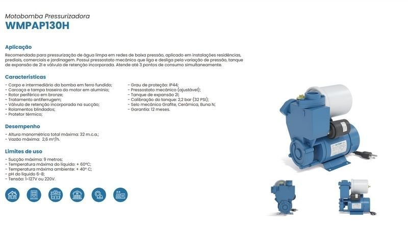 Pressurizador Claw Wmpap130h 1/2cv Monofásico 220v Azul 220 (m) - 3