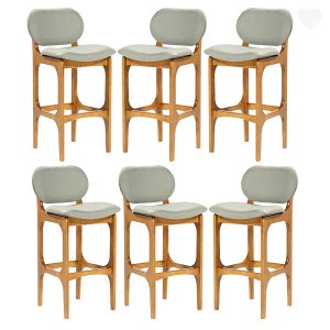 Kit 6 Banquetas Alta Estofada Rafine Madeira Maciça Castanho Linho Verde